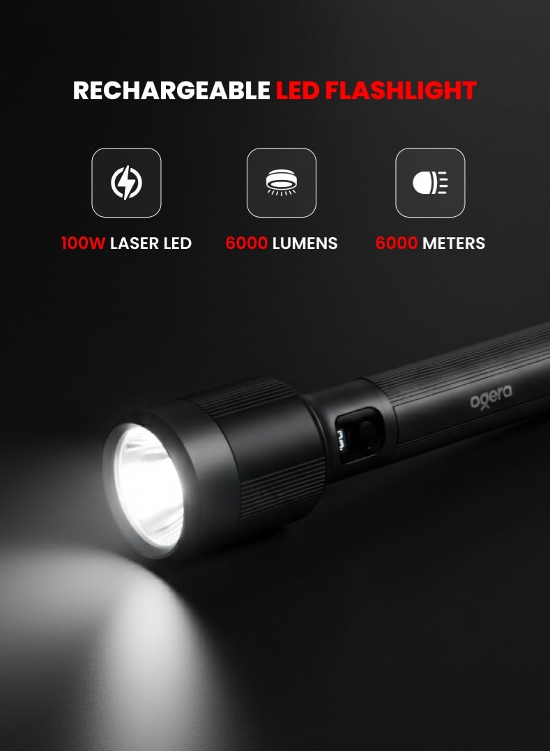 أوجيرا كشاف LED قابل لإعادة الشحن | إضاءة ليزر عالية القدرة 100 واط | سطوع 6000 لومن | مدى إضاءة طويل 6000 متر | شحن USB Type-C | مقاوم للماء IPX7 | خاصية الزوم ووضع SOS للطوارئ | ضمان سنتين | OG1019SL | أسود - Image 1